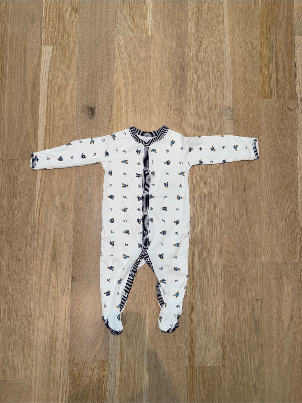 White and Navy Baby One-Piece Footed Sleeper